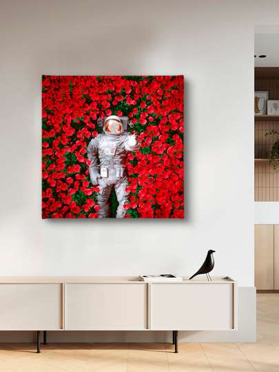 Poster, Cosmonaut în trandafiri roșii, 40 x 40 см, Panza pe cadru
