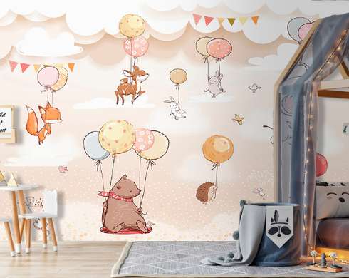 Children's mural -Cute animals on balls in beige tones