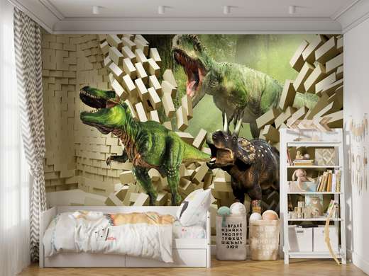 3Д Фотообои — Динозавры на фоне кирпичной разбитой стены