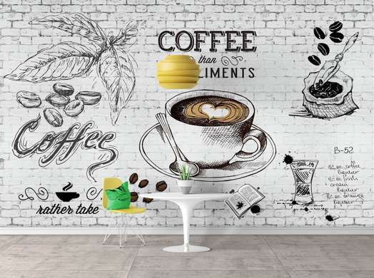 Fototapet - Un pahar desenat cu cafea pe un perete de o cărămidă albă
