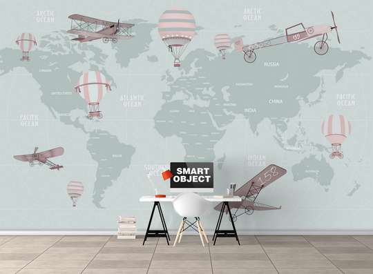 Wall mural for the nursery - Map of the world with transport on a pale green background