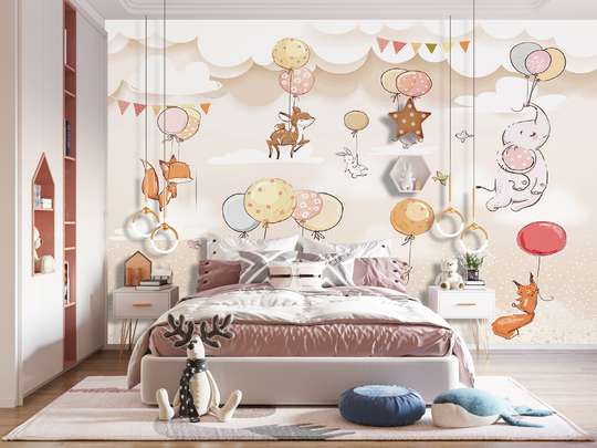 Tapet foto pentru copii, Animale drăguțe pe baloane în nuanțe de bej