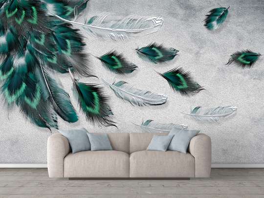 Wall Mural - Green feathers on a gray background