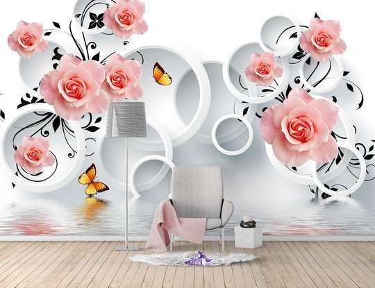 3D Wallpaper - Roses and circles on a white background