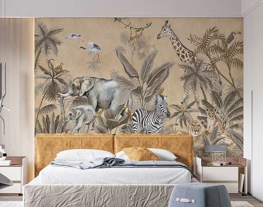 Wall mural - Safari animals in the jungle on a beige background