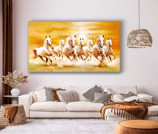 Poster, White horses on a golden background, 60 x 30 см, Canvas on frame, Animals