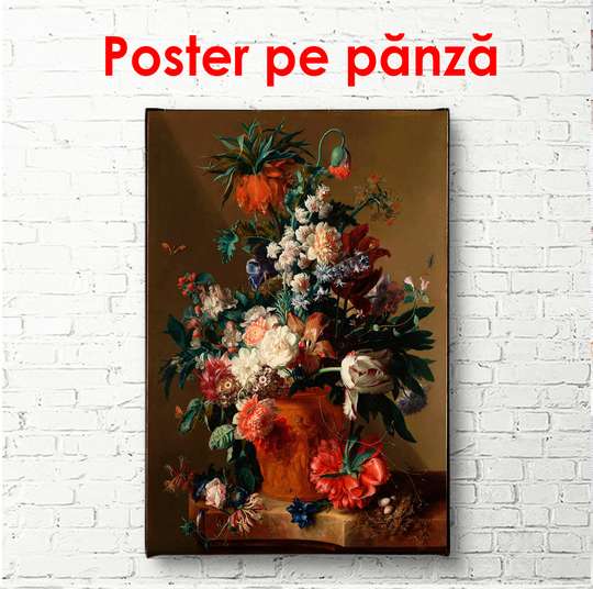 Постер - Цветочный натюрморт с вазой и разноцветными цветами, 60 x 90 см, Постер в раме