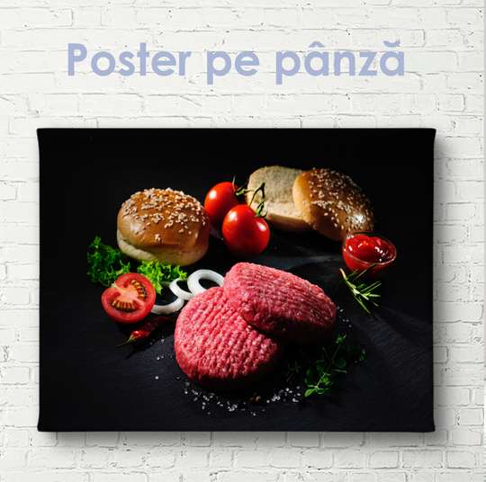 Постер - Набор для приготовления бургера, 90 x 60 см, Постер на Стекле в раме