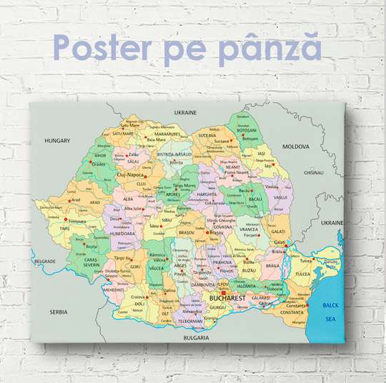 Poster - Political map of Romania, 45 x 30 см, Canvas on frame