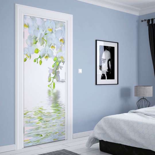 Stickere 3D pentru uși, Orhidee albe lângă apă, 60 x 90cm, Autocolant pentru Usi
