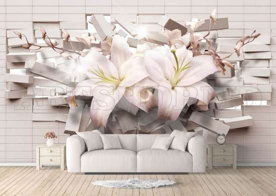 Wall Mural - White lilies and broken wall