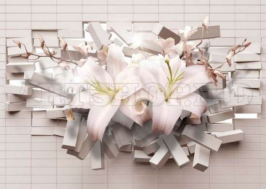 Wall Mural - White lilies and broken wall