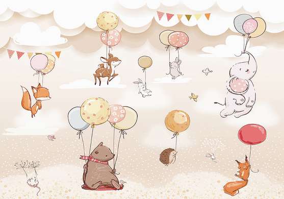 Fototapet - Animale drăguțe pe baloane în nuanțe de bej