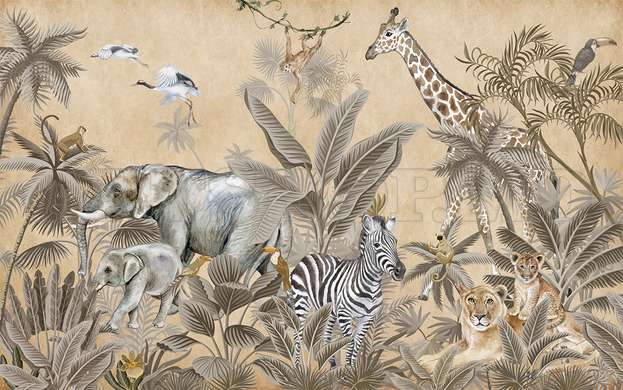 Wall mural - Safari animals in the jungle on a beige background