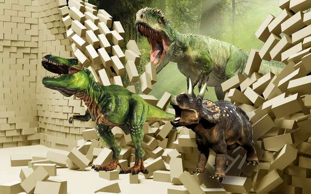 3D Wallpaper - Green dinosaurs on the background of a broken brick wall