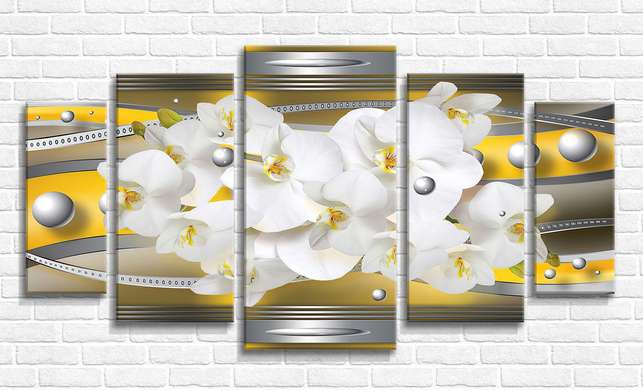 Modular picture, White orchids on a yellow background with gray stripes, 108 х 60