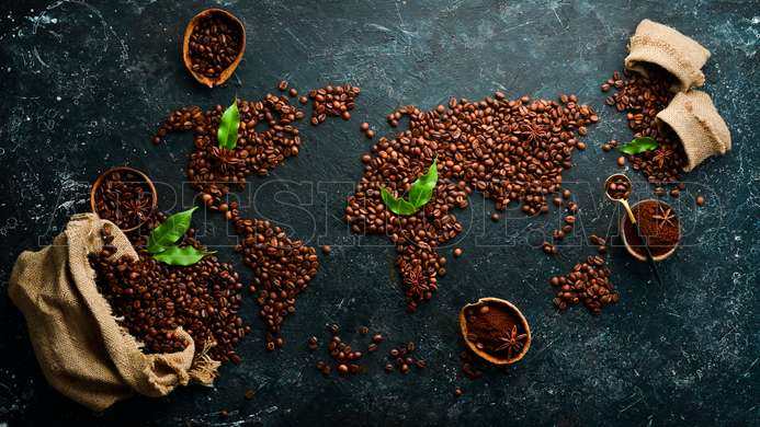 Modular picture, World map made of coffee beans, 206 x 115