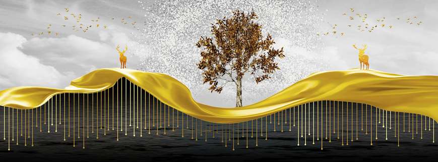Fototapet - Copac de aur și cerbi pe fundal abstract