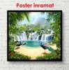 Poster - Green palm branches on the background of a waterfall, 100 x 100 см, Framed poster on glass, Nature