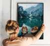 Poster - Boats in the mountains, 60 x 90 см, Framed poster on glass