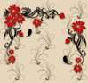 3D Wallpaper - Red flowers on a beige background