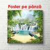 Poster - Green palm branches on the background of a waterfall, 100 x 100 см, Framed poster