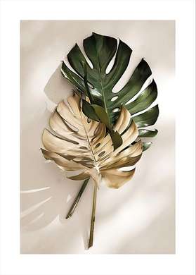 Poster - Gold and green leaf, 60 x 90 см, Framed poster on glass, Botanical