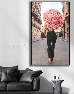 Poster - Fata cu flori roz pal, 45 x 90 см, Poster inramat pe sticla, Glamour