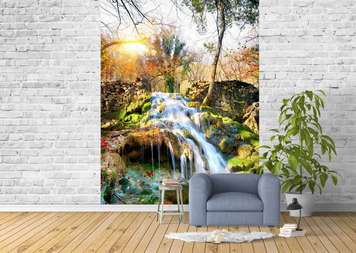 Wall Mural - Magic waterfall against stone wall and forest