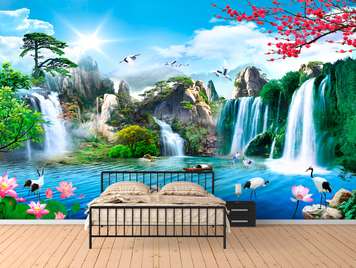 Wall Mural - Beautiful waterfall with pink tree