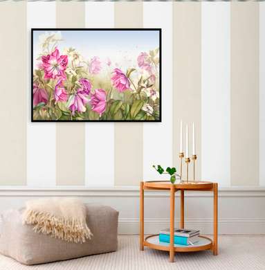 Постер - Розовые цветы на фоне зеленого фона, 90 x 60 см, Постер в раме, Ботаника