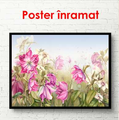 Poster - Pink flowers on a green background, 90 x 60 см, Framed poster, Botanical