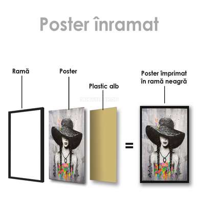 Постер - Девушка в шляпе, 60 x 90 см, Постер на Стекле в раме, Черно Белые
