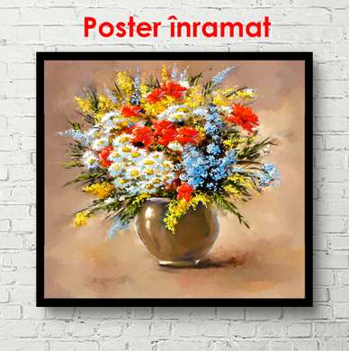 Poster - Pot of spring flowers, 100 x 100 см, Framed poster on glass