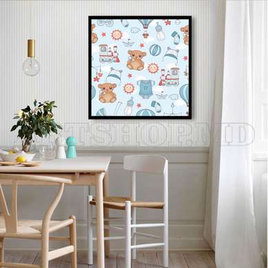 Постер - Мишки с морской тематикой на голубом фоне, 100 x 100 см, Постер в раме, Для Детей