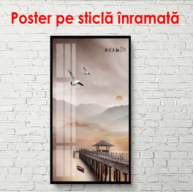 Poster - Podul lung din lemn de-a lungul lacului, 50 x 150 см, Poster înrămat, Natură