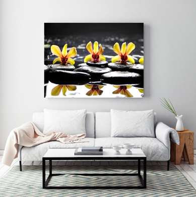 Постер - Желтые орхидеи на черных камнях, 90 x 60 см, Постер в раме, Цветы