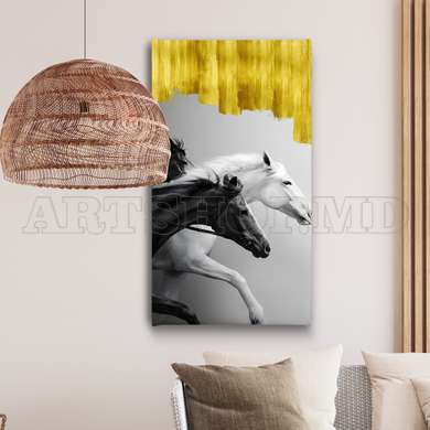 Poster - Black and white horses with golden elements, 30 x 60 см, Framed poster, Animals