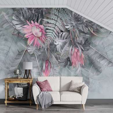 Wall mural - Exotic bouquet with pink flowers in shades of gray