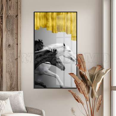 Poster - Black and white horses with golden elements, 30 x 60 см, Framed poster, Animals