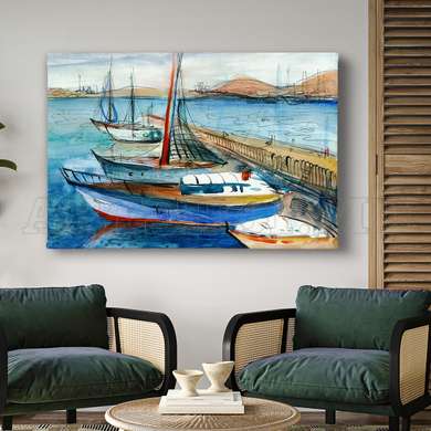 Poster - Pier with yachts, 90 x 60 см, Framed poster, Marine Theme