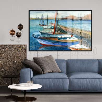 Poster - Pier with yachts, 90 x 60 см, Framed poster, Marine Theme