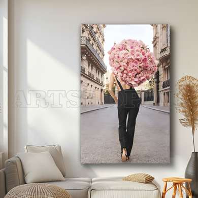 Poster - Girl with pale pink flowers, 45 x 90 см, Framed poster on glass, Glamour