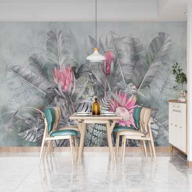 Wall mural - Exotic bouquet with pink flowers in shades of gray