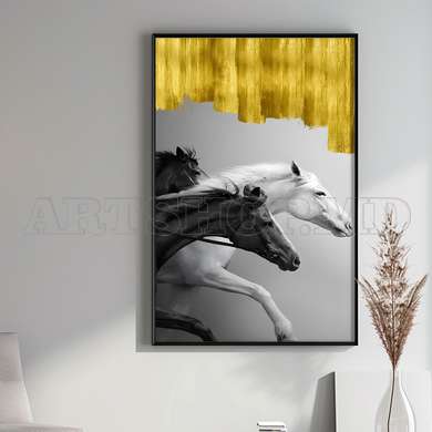 Poster - Black and white horses with golden elements, 45 x 90 см, Framed poster on glass, Animals