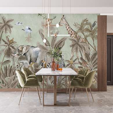 Wall mural - Safari animals in the jungle on a pale green background