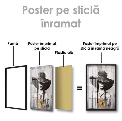Poster - Girl in a hat, 60 x 90 см, Framed poster on glass, Black & White