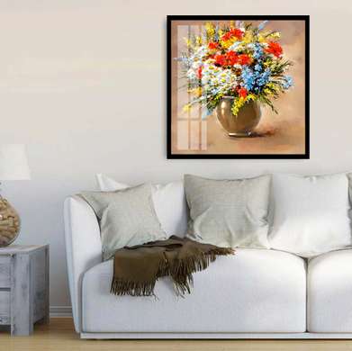 Poster - Ghiveci de flori de primăvară, 100 x 100 см, Poster inramat pe sticla