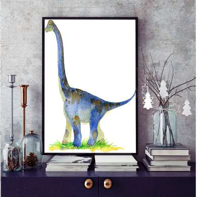 Постер - Динозавр в акварели 1, 60 x 90 см, Постер на Стекле в раме, Для Детей