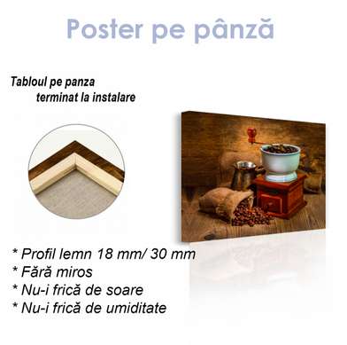 Poster - Grinder and coffee beans, 90 x 60 см, Framed poster on glass
